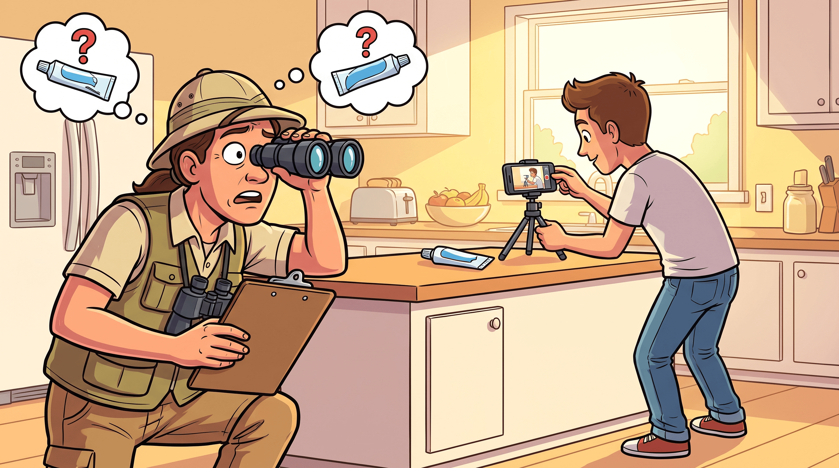 Cartoon safari documentarian with binoculars studying a person casually filming toothpaste in their kitchen