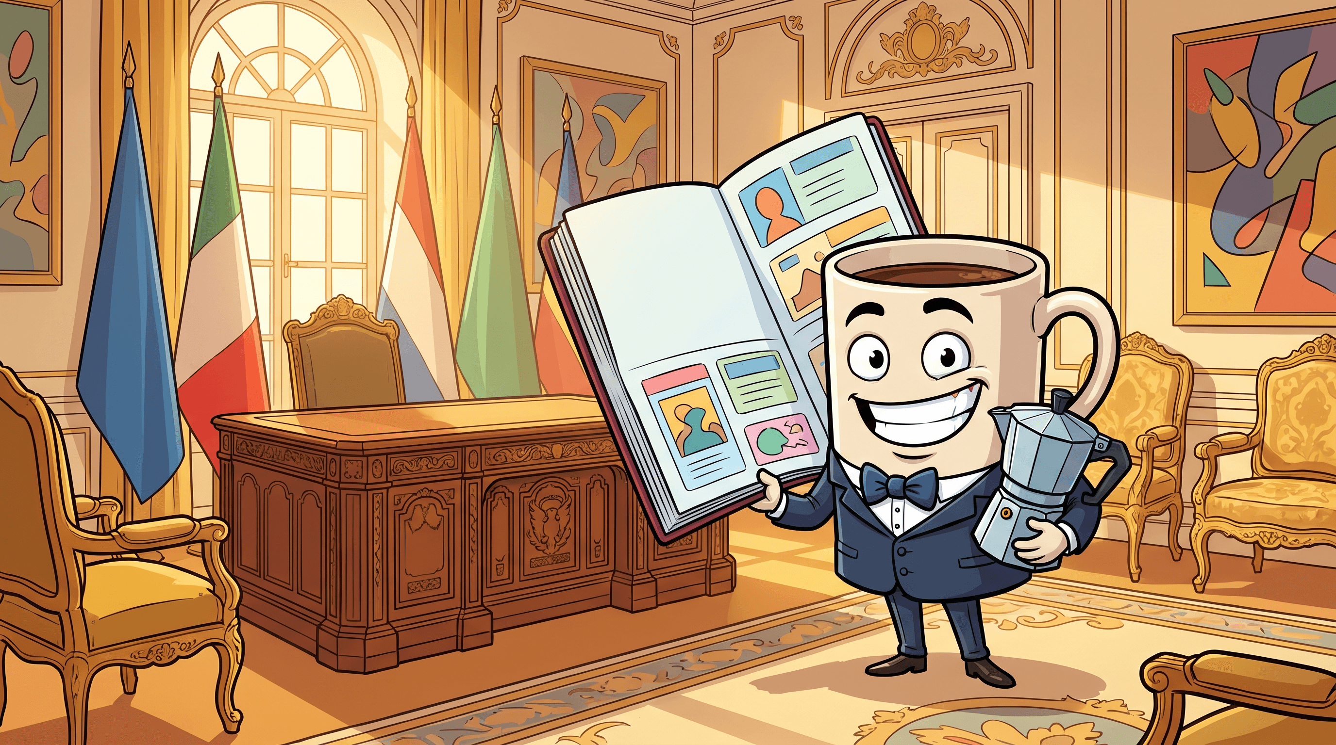 Proud anthropomorphic coffee mug in a diplomat sash presents oversized sample-post cards at an embassy desk