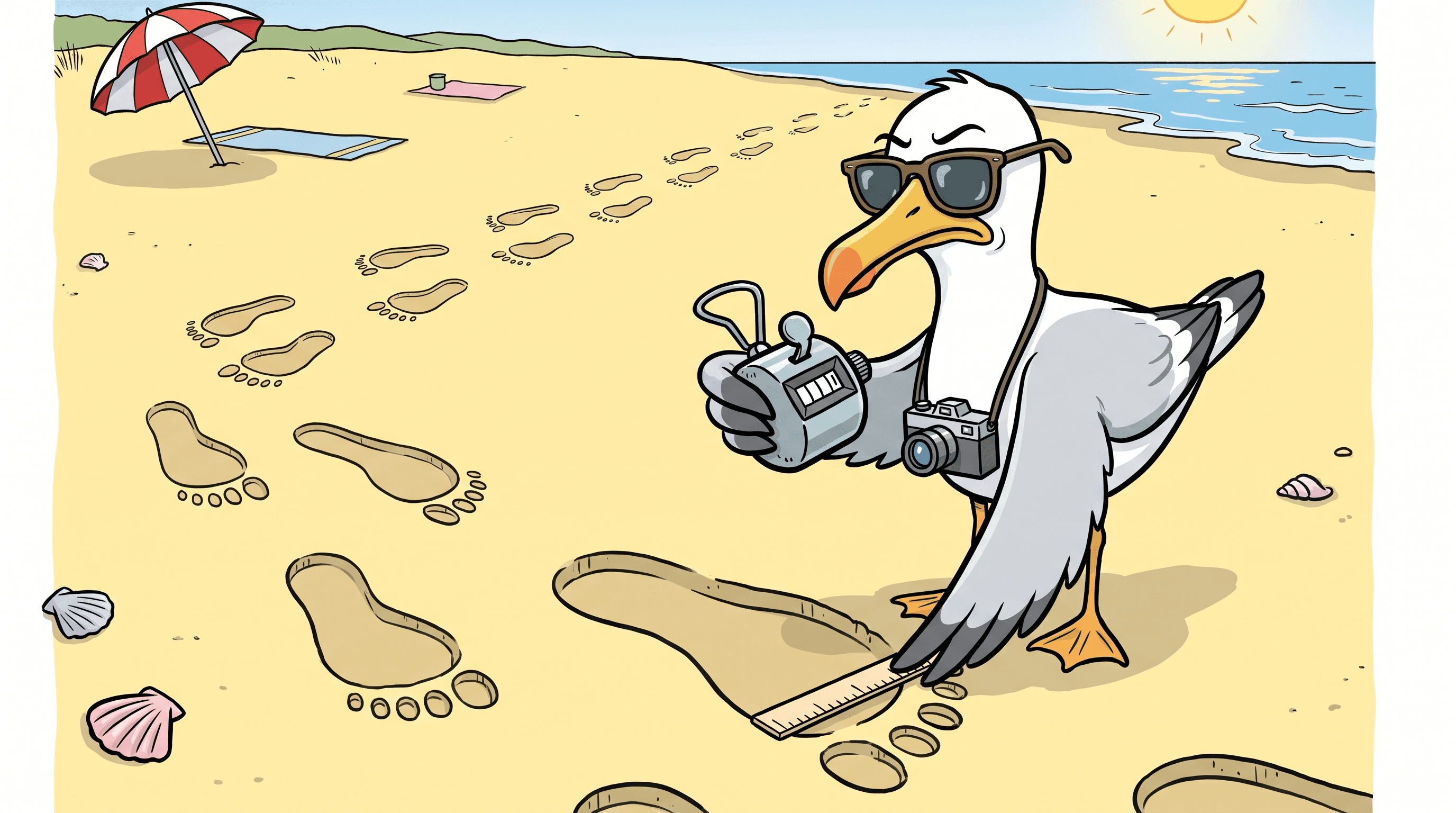 Bemused seagull with a tally counter measures enormous footprints crossing a sunlit beach