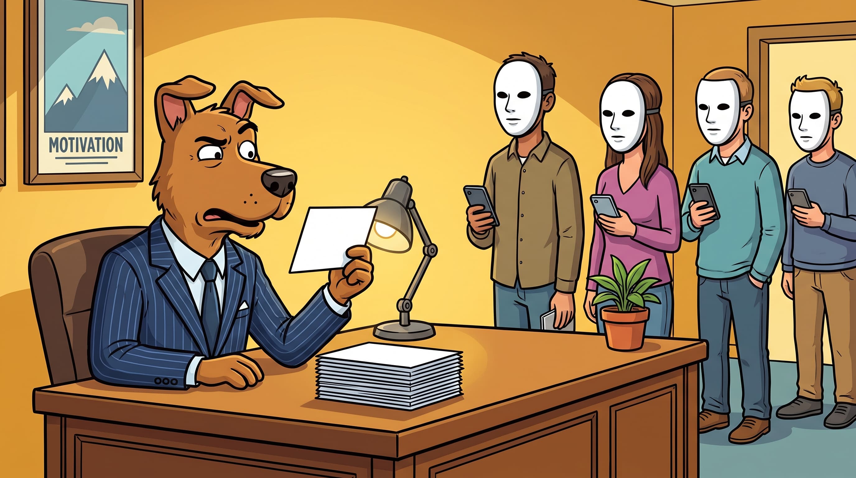 Cartoon dog casting director squinting at blank white headshots while masked figures wait in talent agency lobby