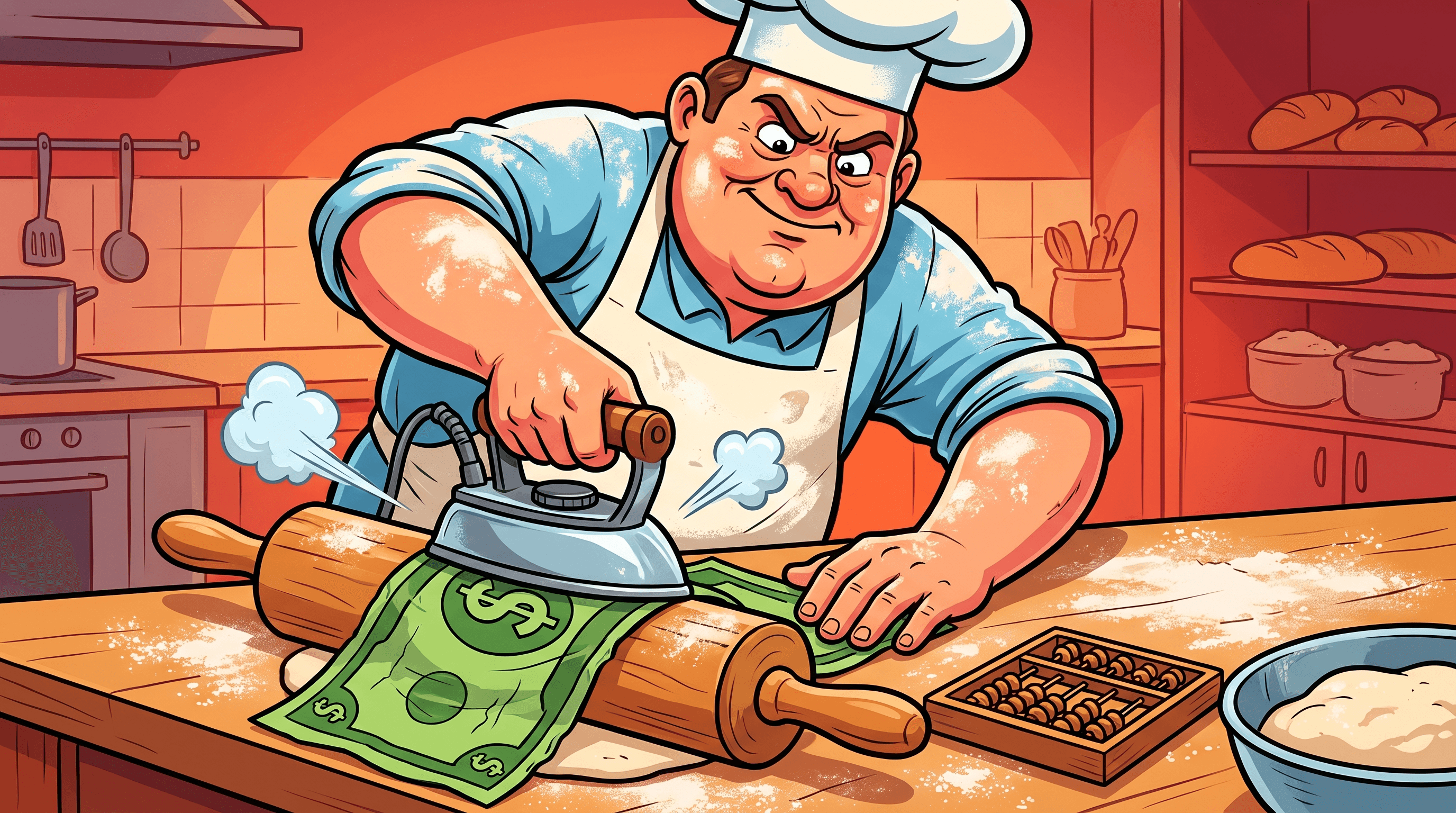 Baker in a flour-dusted apron ironing a giant dollar bill flat on a wooden rolling pin.