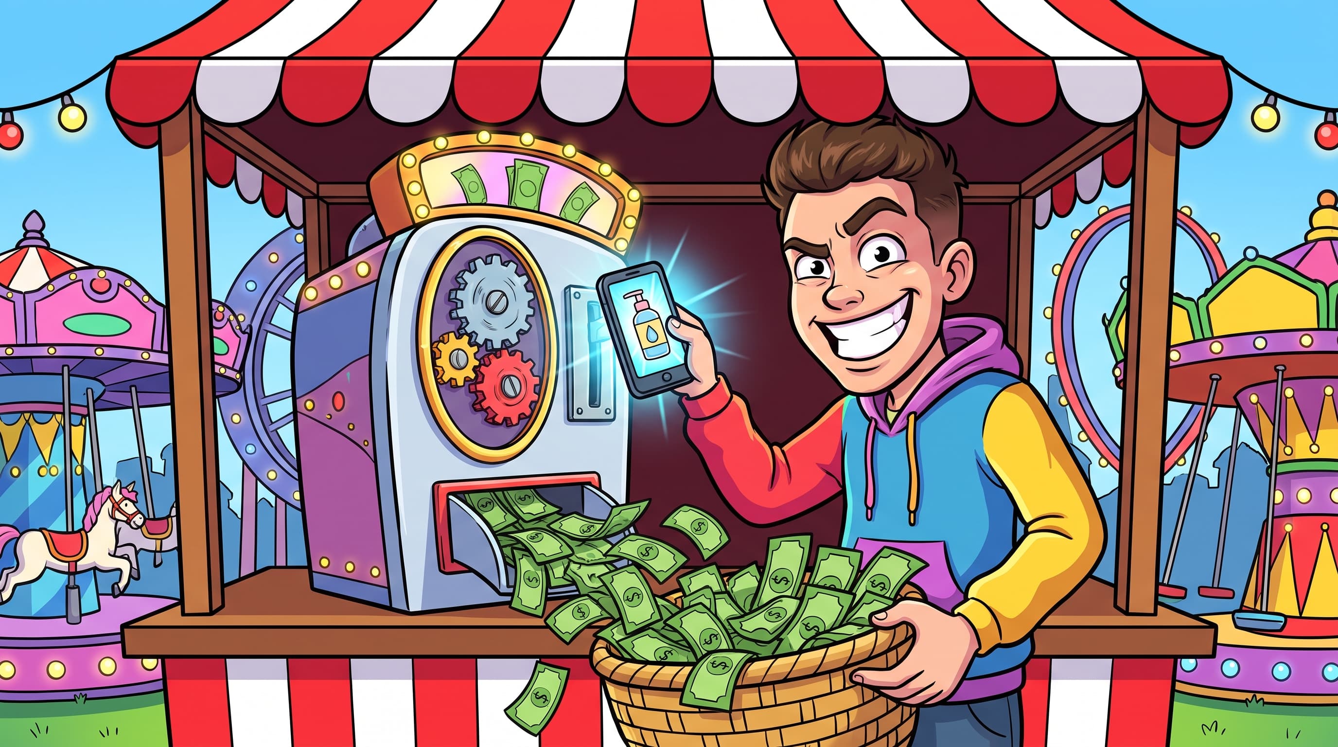 Cartoon creator feeding a phone into a carnival booth that pours dollar bills into a basket.