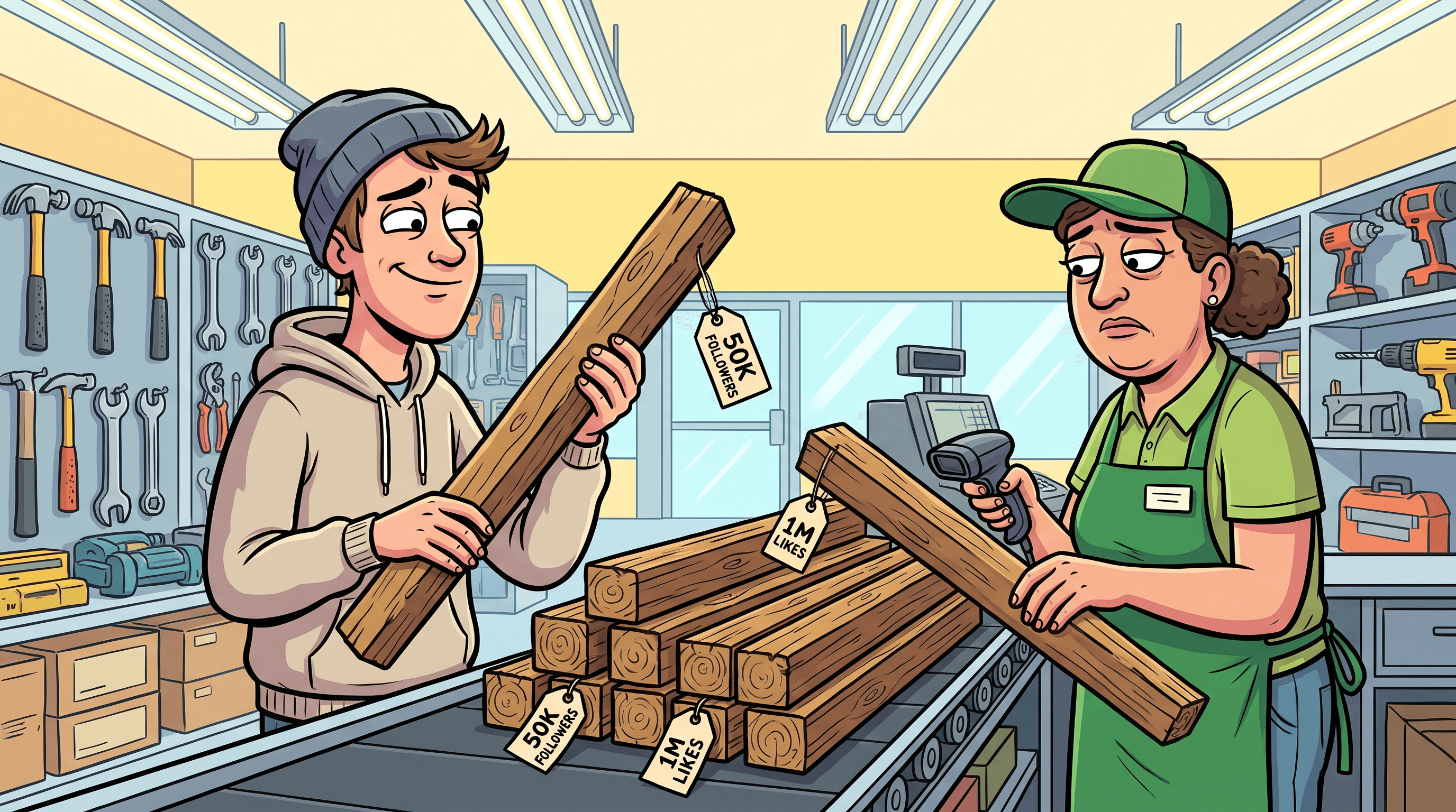 Bemused influencer at a hardware store checkout with wooden fence posts priced by follower count on the belt.