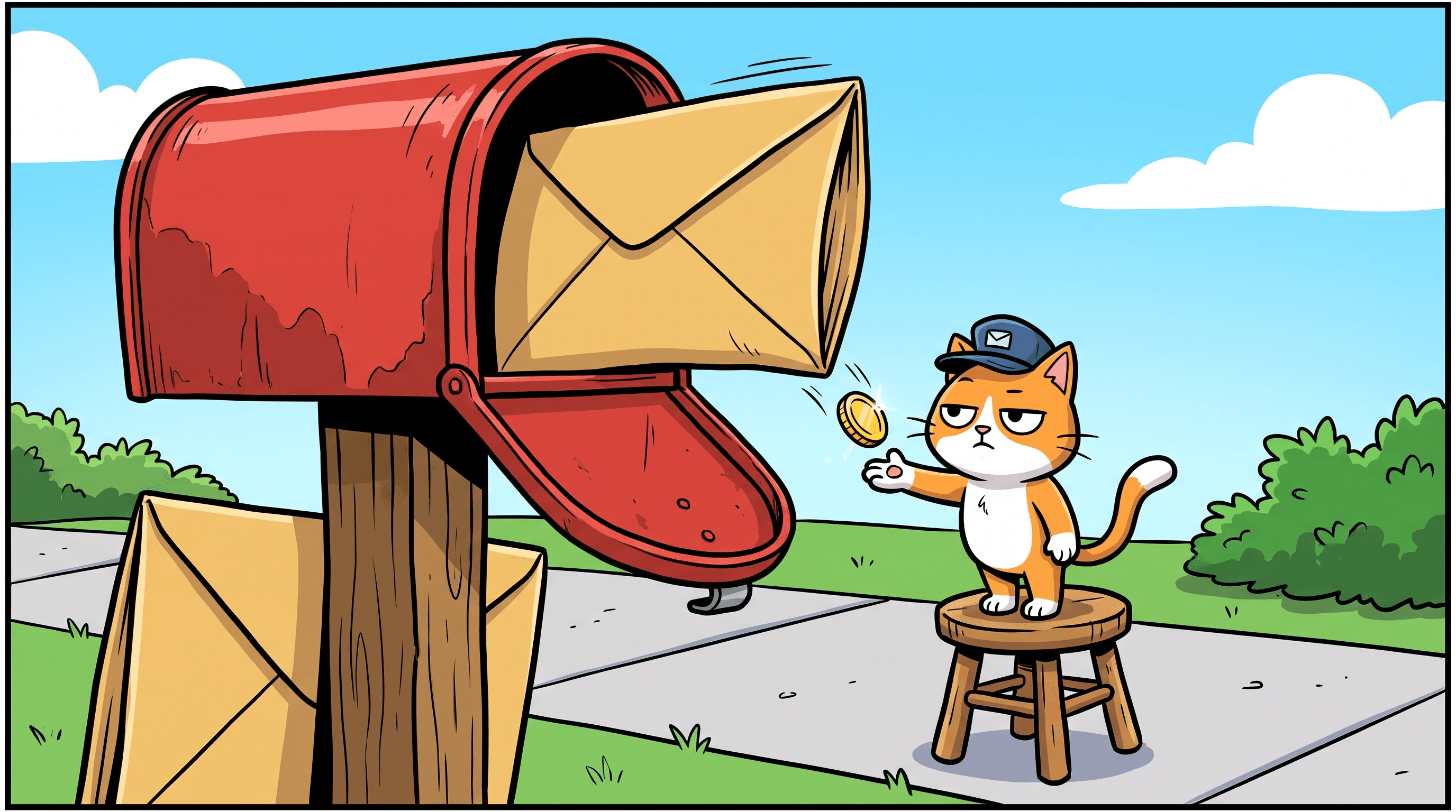 Tiny cat in a mail cap collecting a gold coin from a giant envelope at a red roadside mailbox.