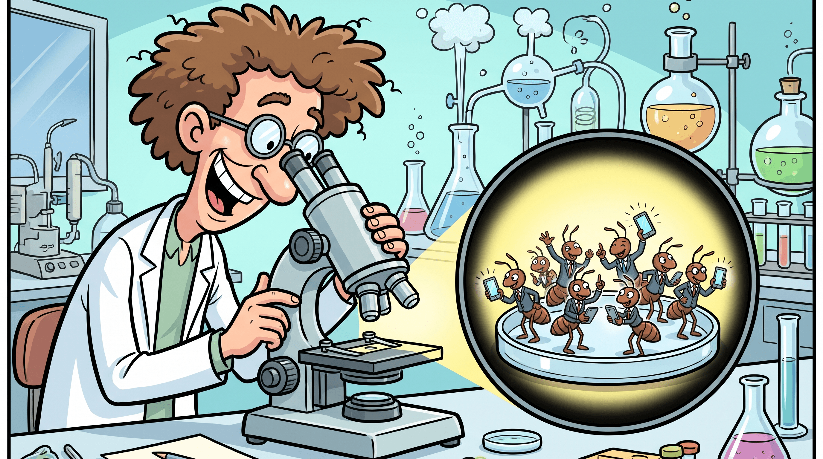 Cartoon scientist peers into a microscope at tiny ant-sized influencers holding phones on a petri dish.