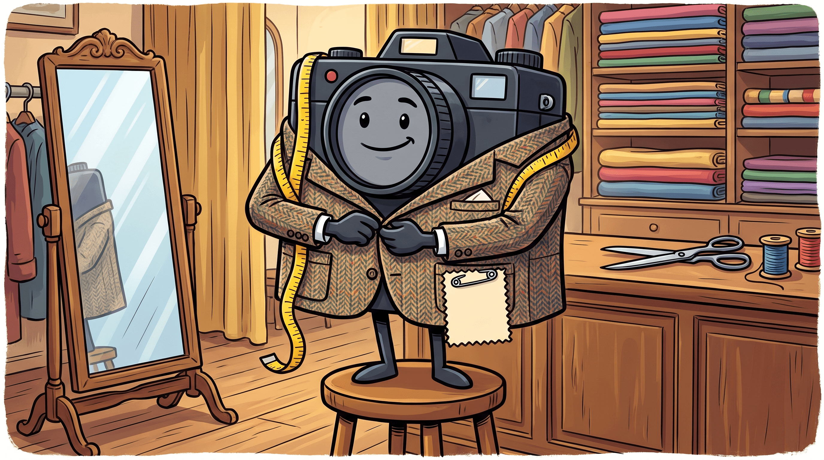 Cheerful camera character buttoning a perfectly fitted jacket in a cluttered tailor shop