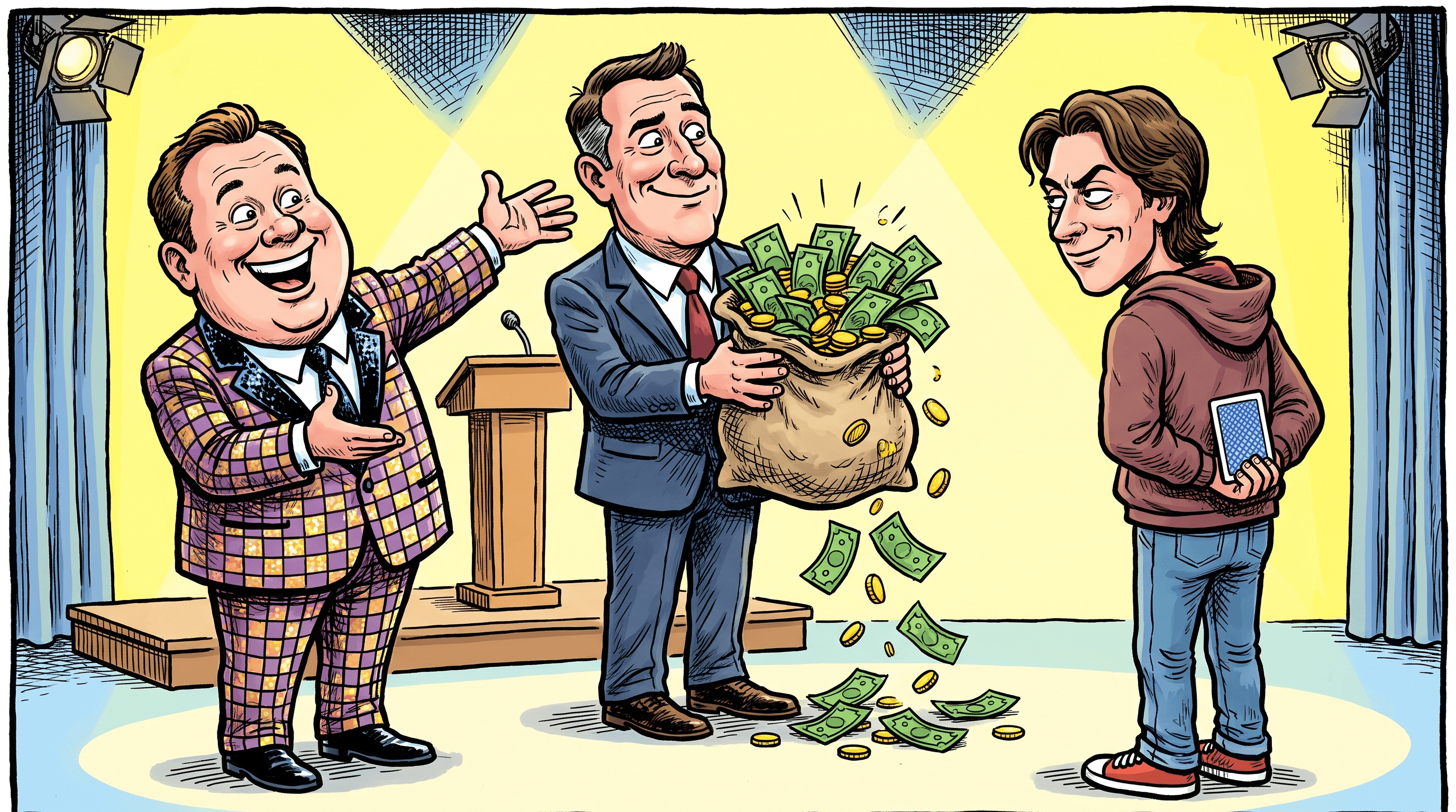 Game-show host points at a brand manager flaunting an open money bag while an influencer hides a card.