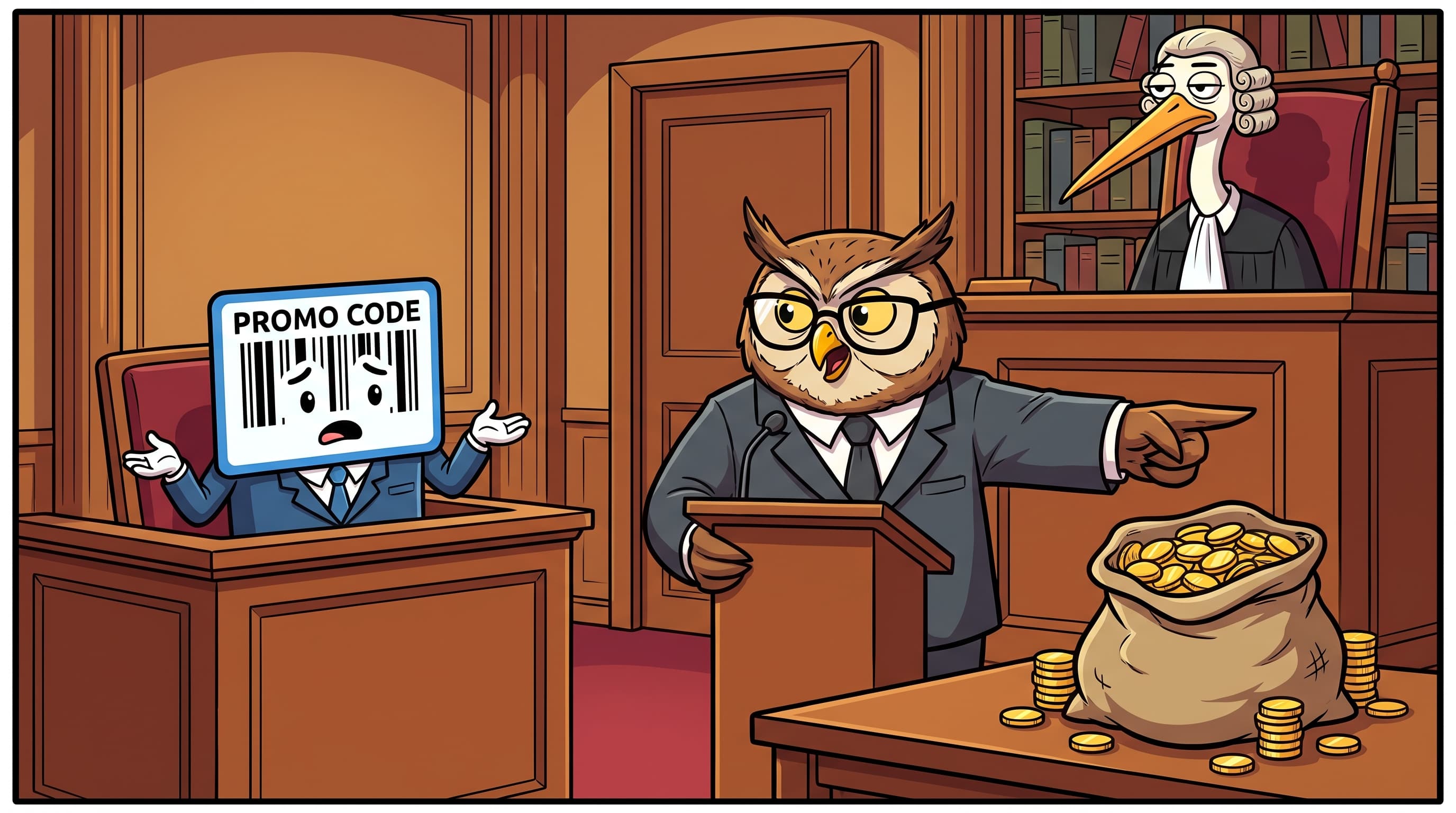 Cartoon promo code shrugging in courtroom witness stand while owl prosecutor points at bag of coins