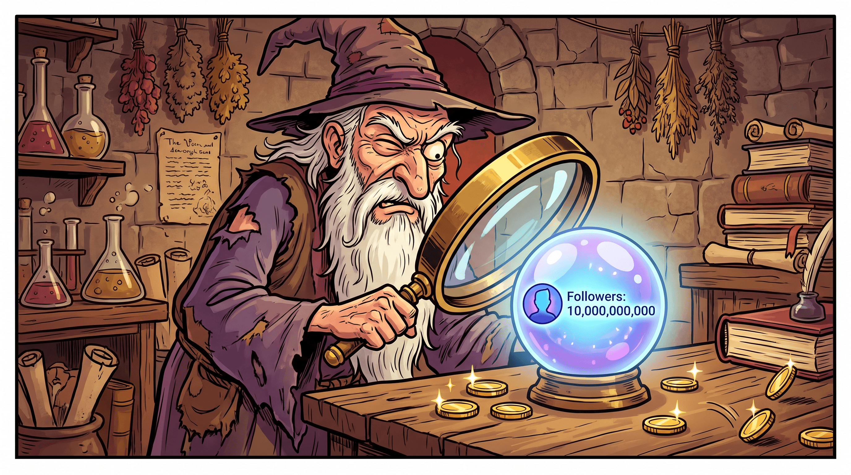 Cartoon alchemist in stone workshop squinting through enormous magnifying glass at glowing crystal ball showing social media profile, gold coins scattered on table