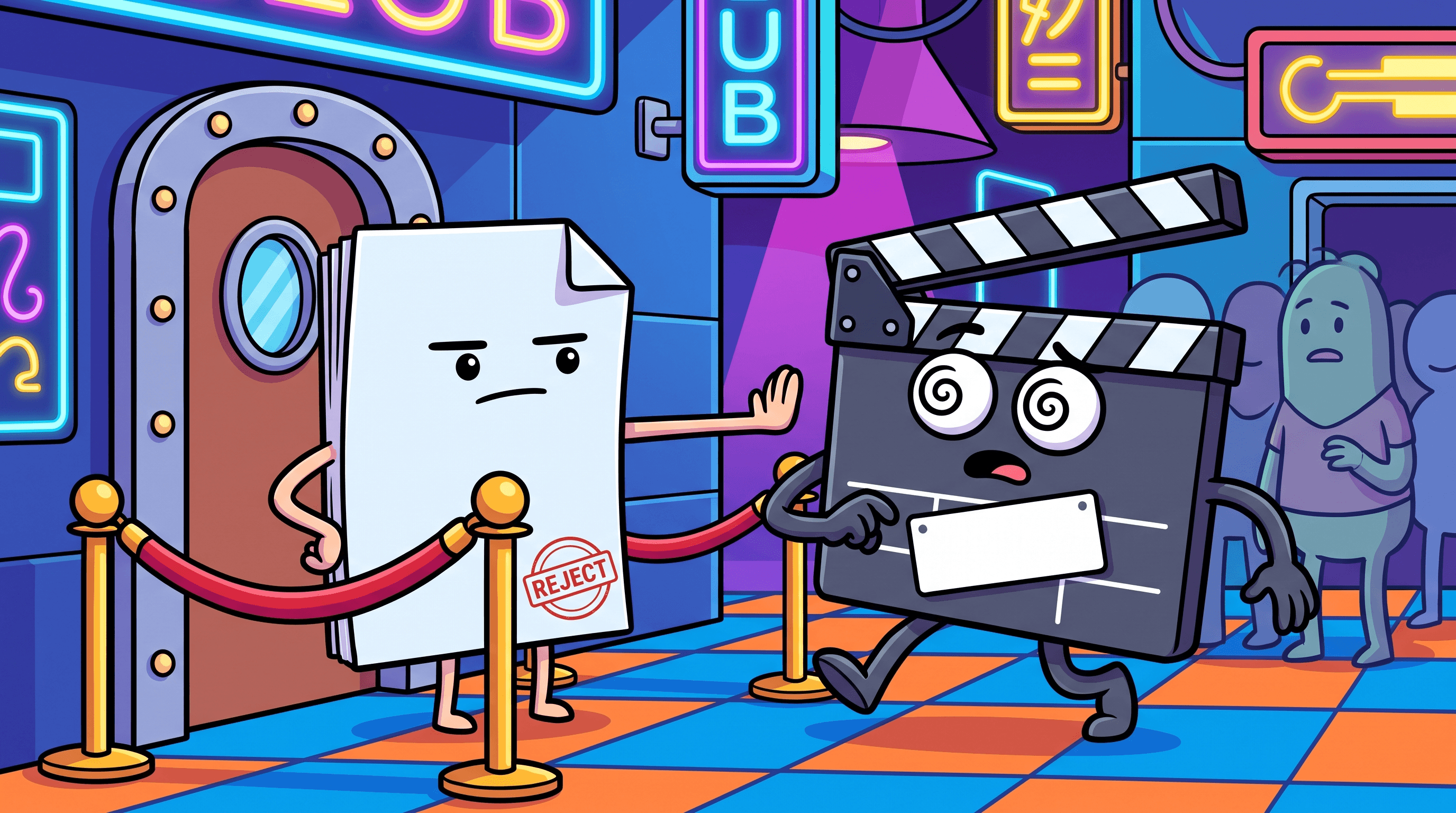 Anthropomorphic brief document blocking a film clapperboard creature at a velvet rope entrance.