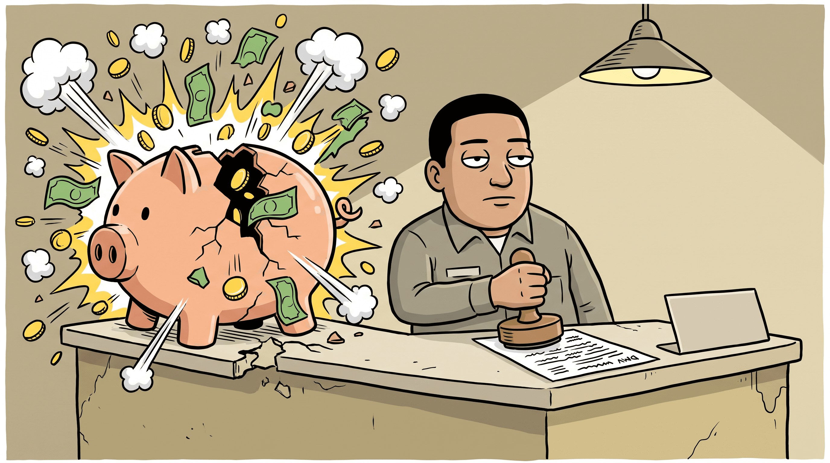 Deadpan clerk stamping a renewal mark on a document as a piggy bank bursts into coins.