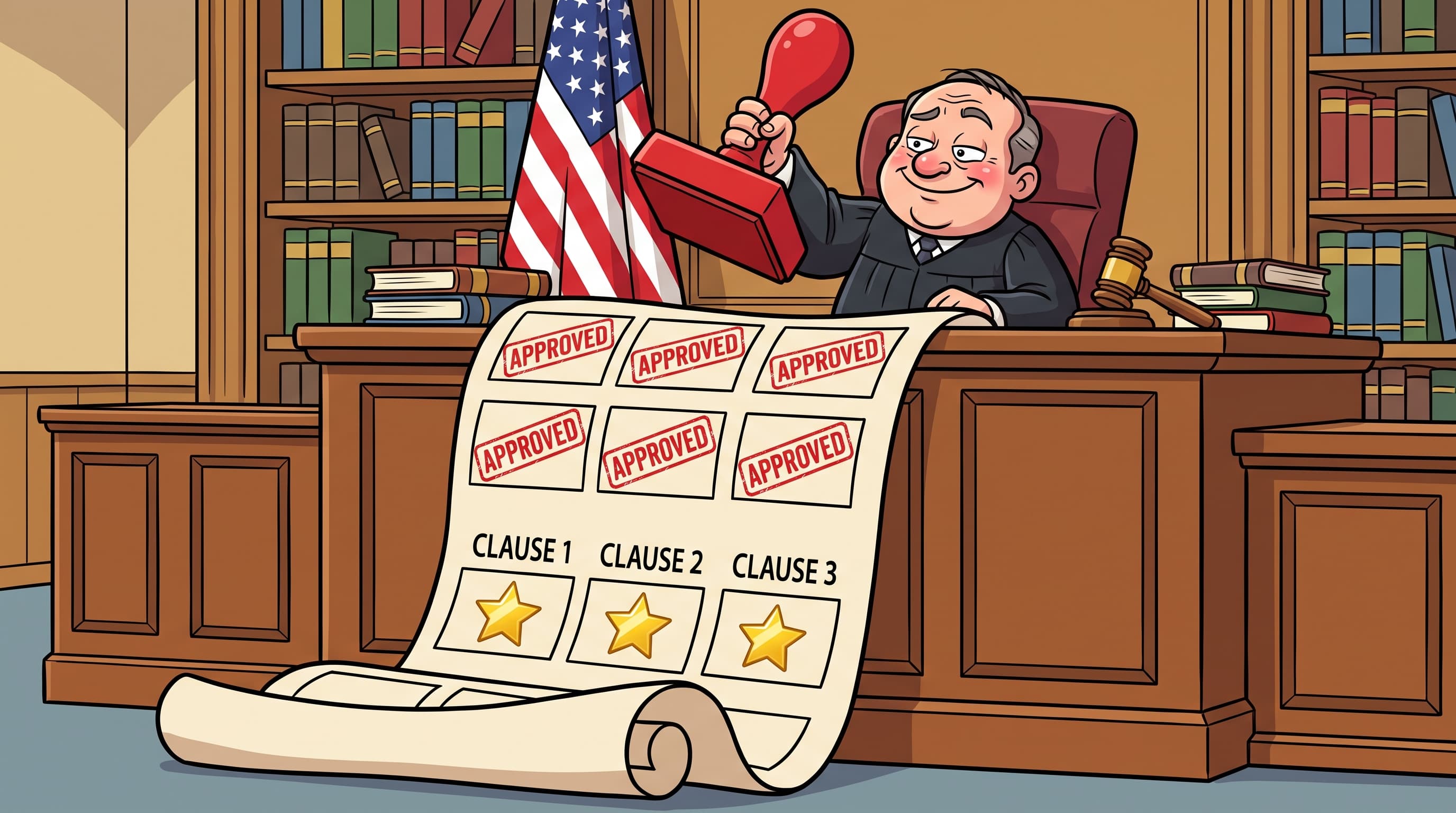 Cartoon judge in courtroom stamping red X marks on seven contract clauses while placing gold stars on three others