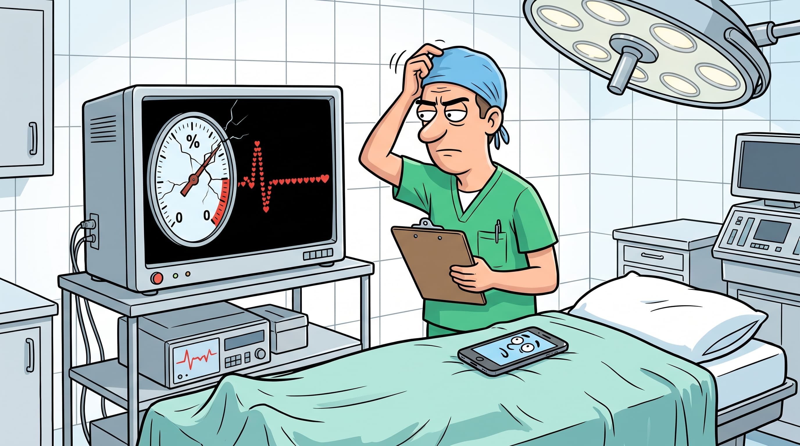 Cartoon surgeon staring at cracked heart monitor showing heart-shaped flatline above smartphone on operating table
