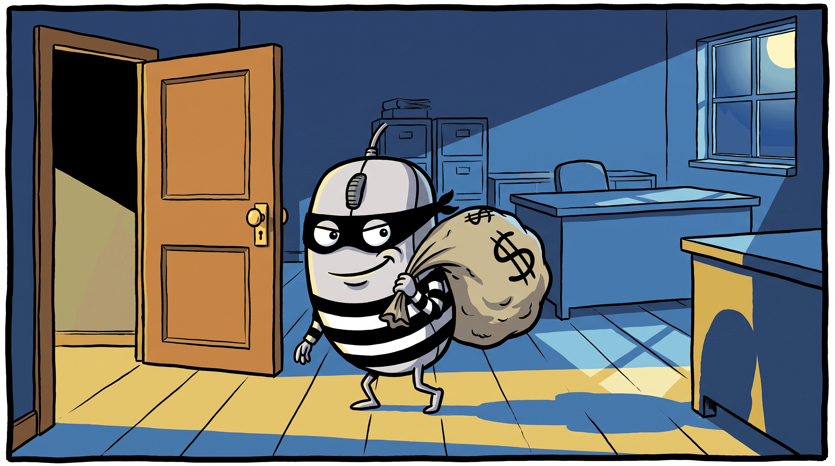 Cartoon computer mouse wearing a burglar mask sneaking off with a sack of coins.