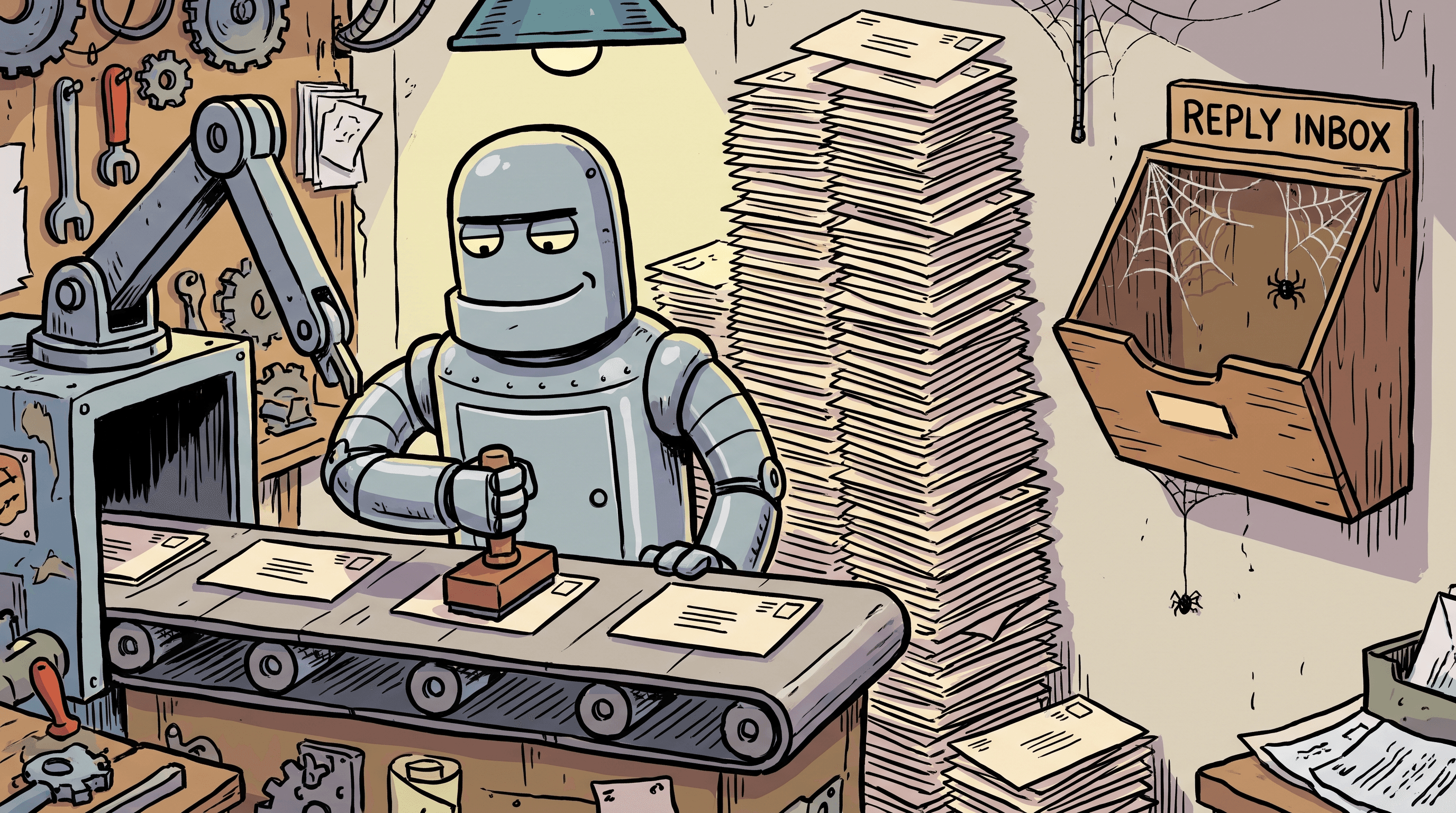 Cartoon robot at a conveyor stamping identical outreach envelopes beside an empty cobwebbed reply inbox