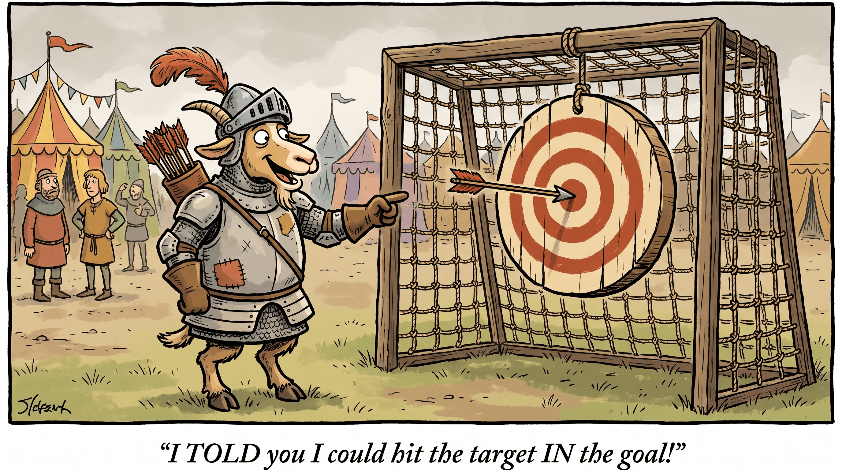 Proud goat archer points to an arrow centered in a bullseye hanging inside a medieval goal net