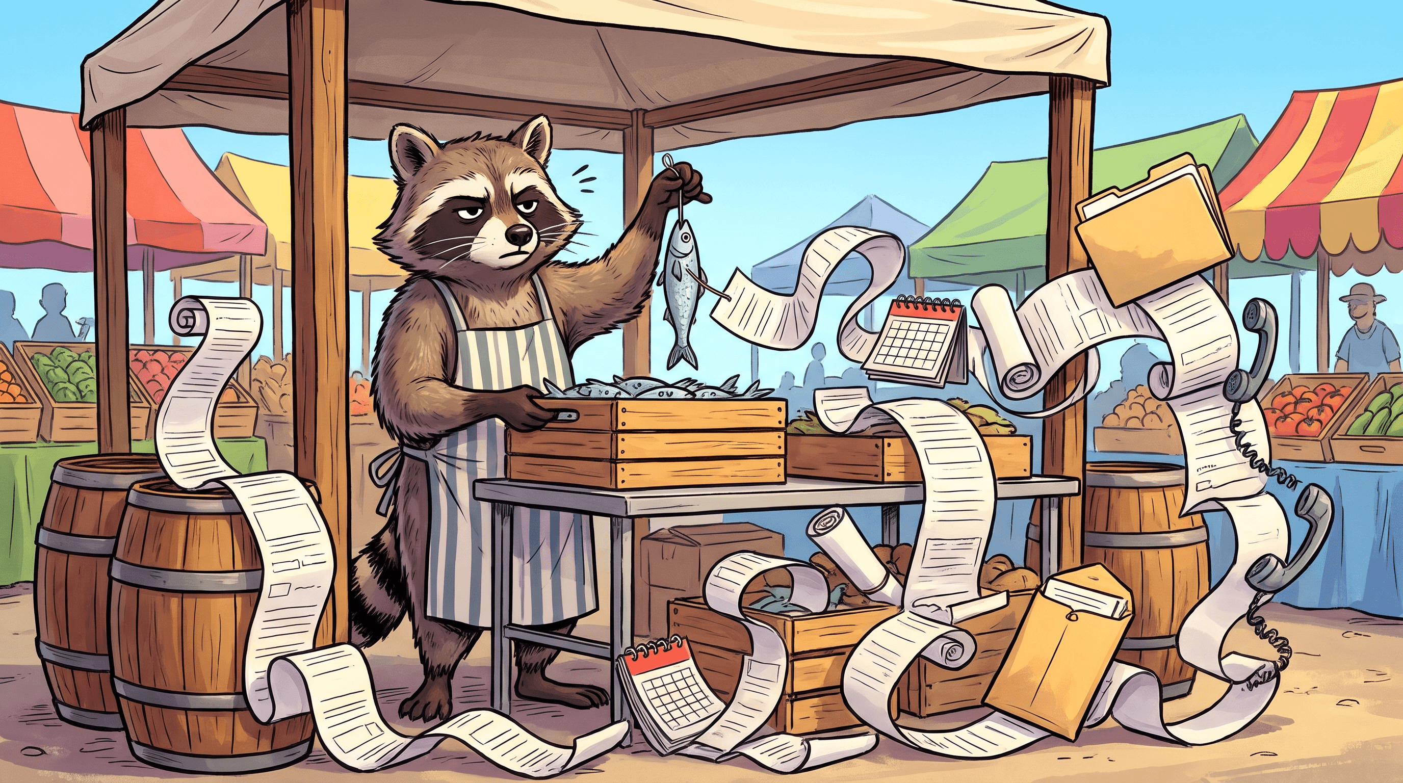 Deadpan raccoon at an outdoor market lifts a fish tangled in an absurdly long paper trail
