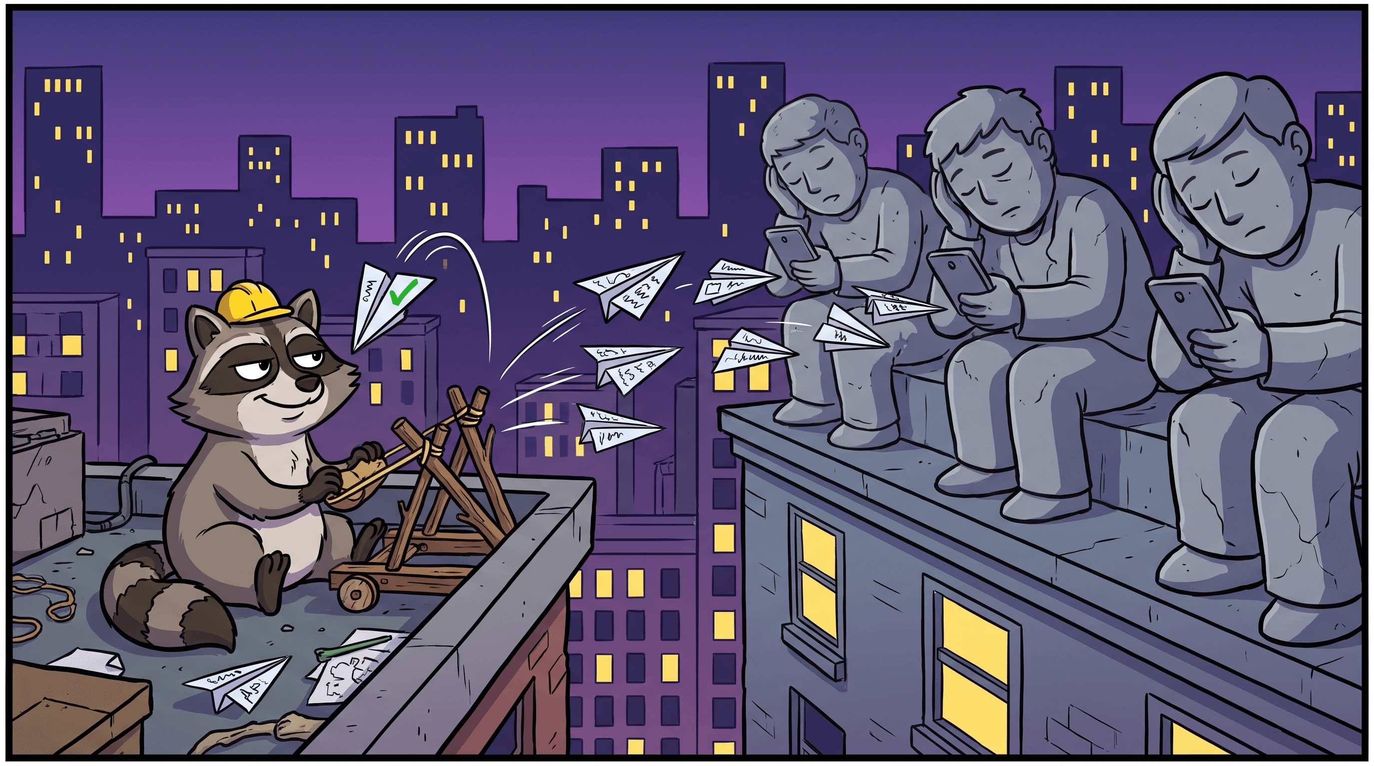 Cartoon raccoon firing paper airplanes at dozing influencers while one boomerangs back with a checkmark