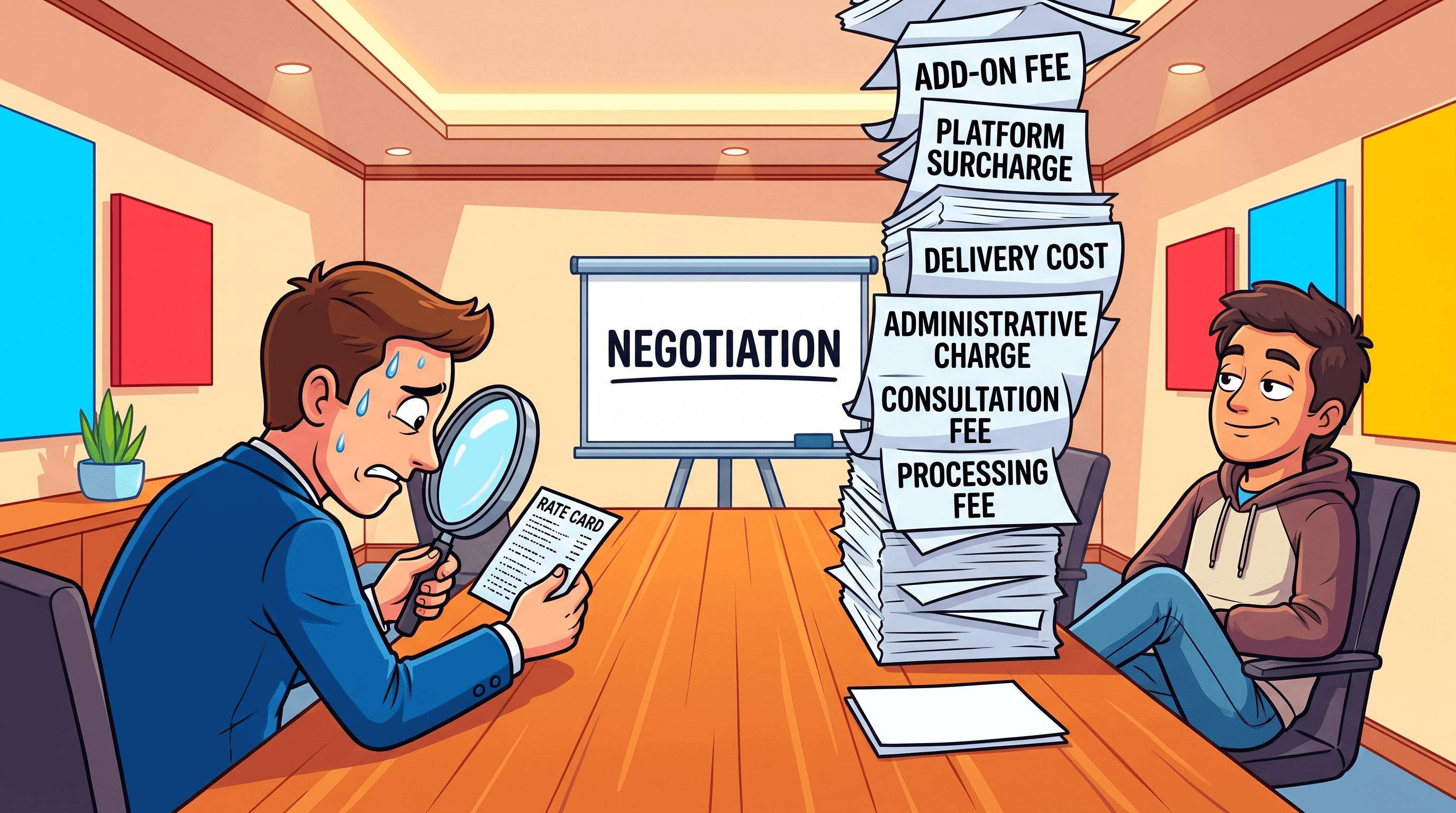Brand executive with magnifying glass staring at rate card while a tower of surcharge pages grows behind smug creator at conference table