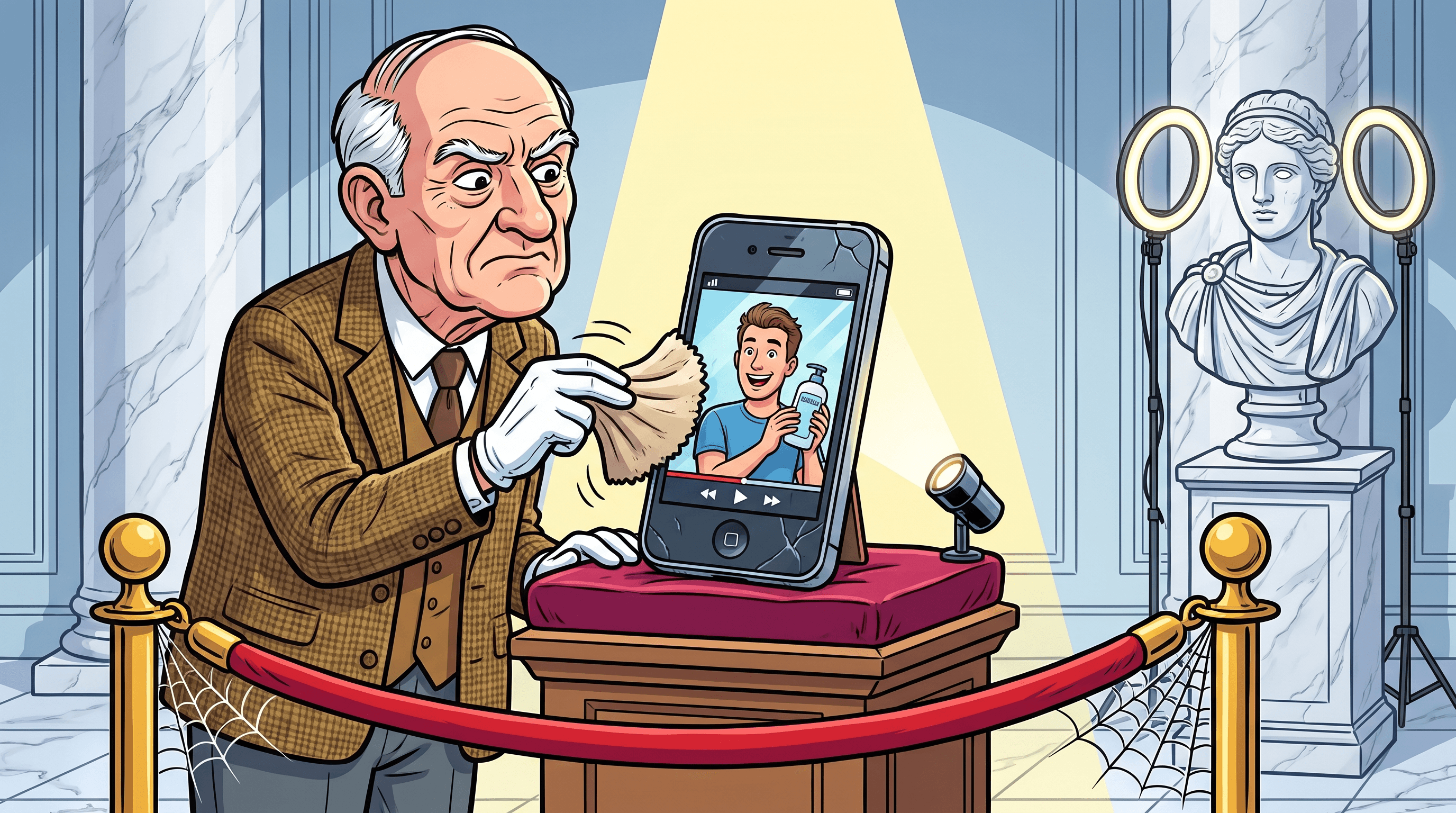 Proud cartoon museum curator dusts an old smartphone displayed on a velvet pedestal like a priceless antique artifact