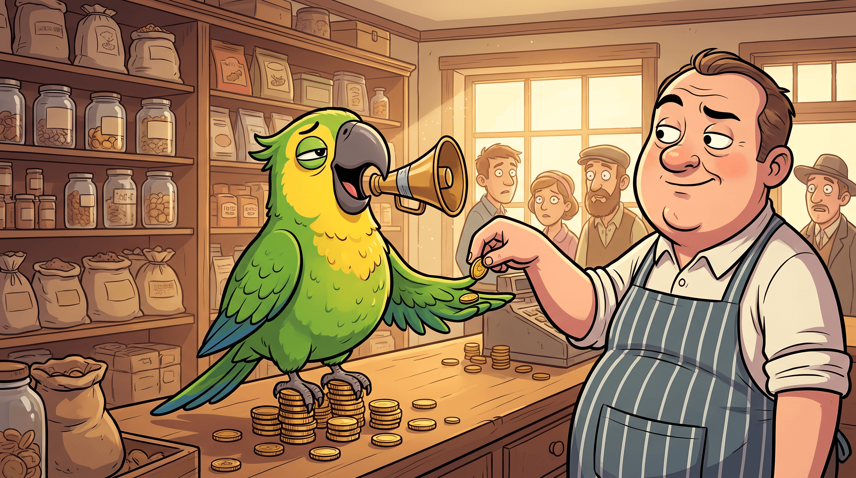 Grinning cartoon pirate parrot on a shoulder charging coins from a bewildered shopkeeper to rent its beak