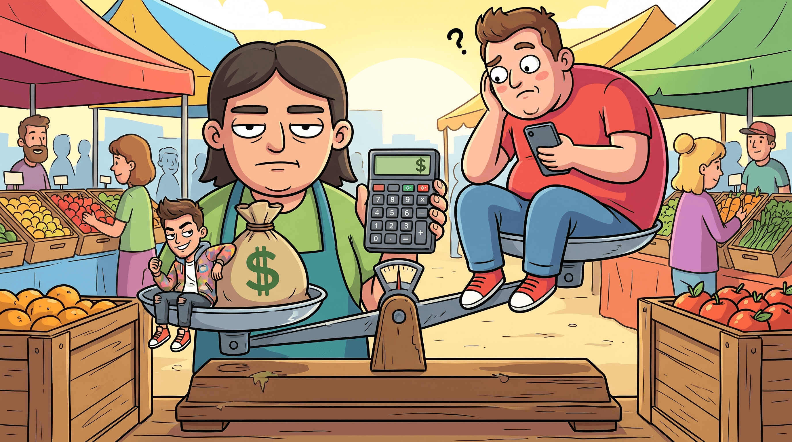 Cartoon market merchant weighing a tiny influencer heavier than a giant one on a produce scale