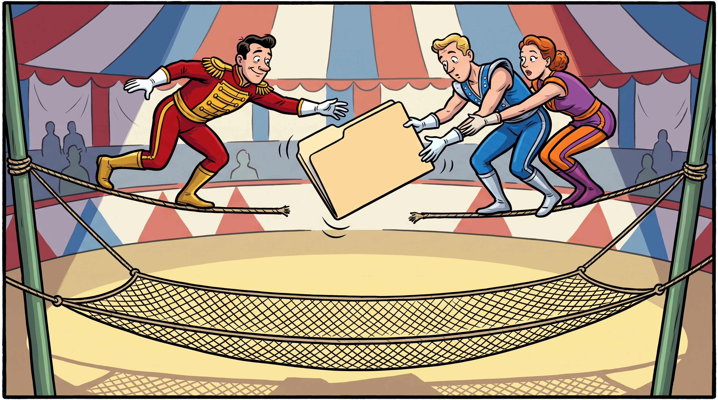 Bemused circus acrobats nearly drop an oversized folder while passing it over a gap in a tightrope