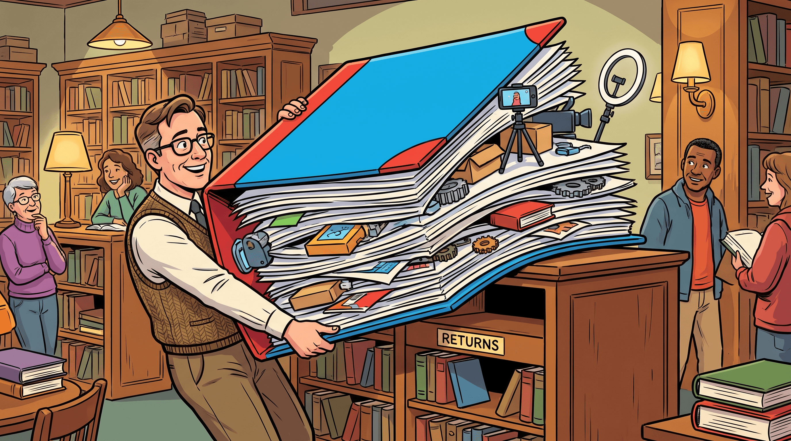 Smiling librarian wrestles an oversized portfolio binder stuffed with miniature product-video sets onto a tiny shelf