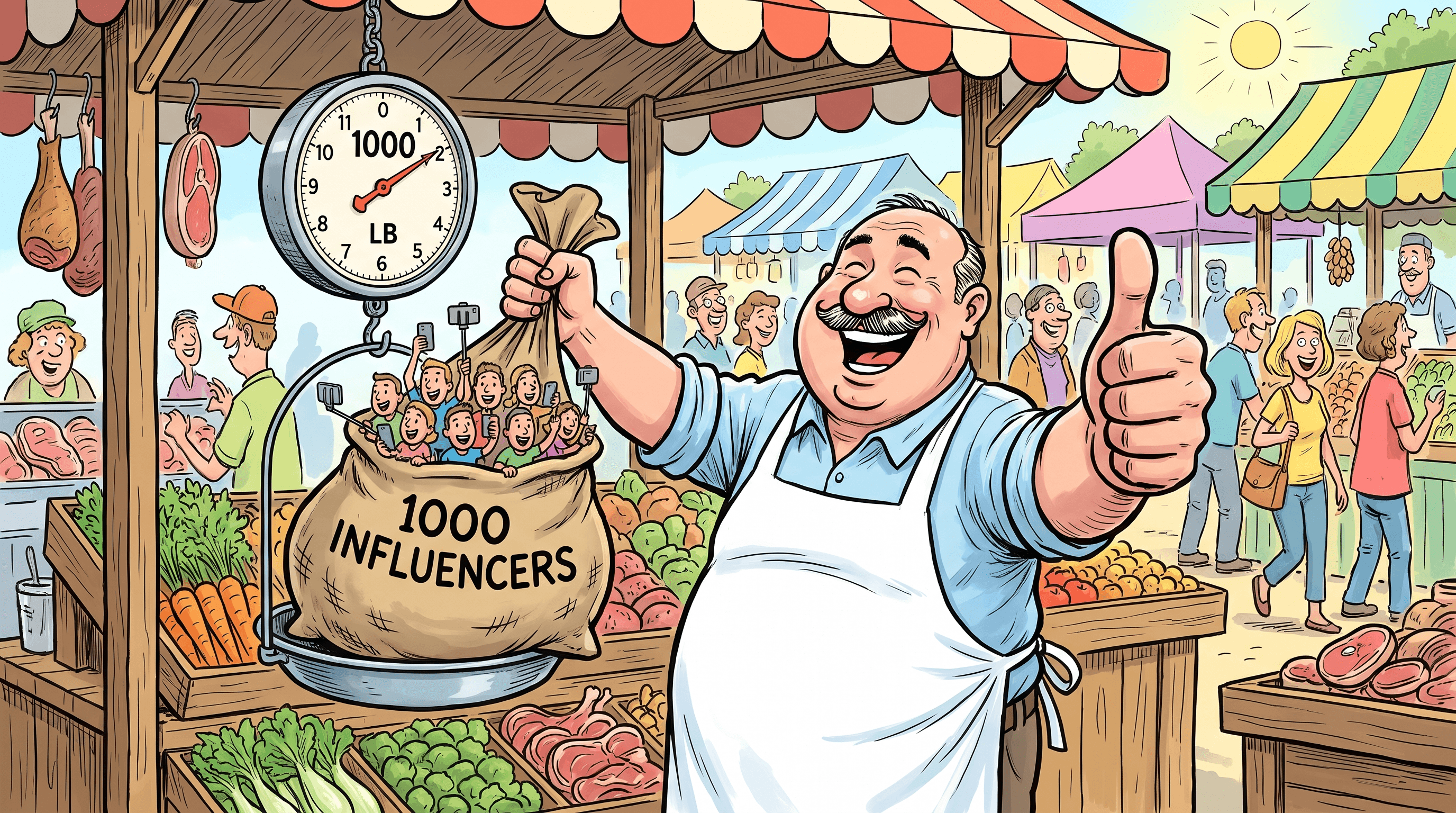 Cheerful butcher thumbs-up while weighing a bulging sack of tiny figurines on a market scale.