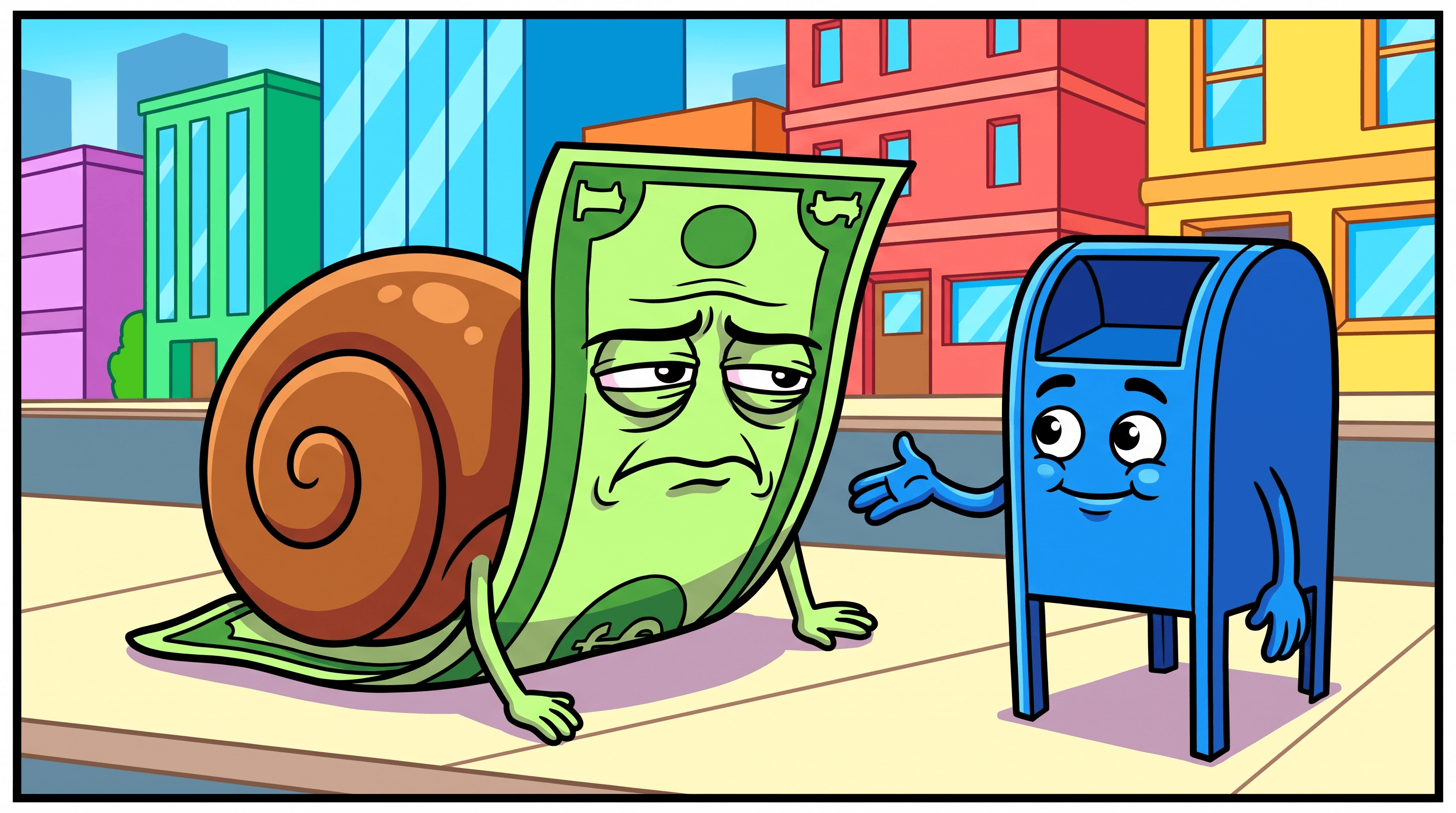 Cartoon dollar bill with a snail shell crawling toward a small mailbox with a face.