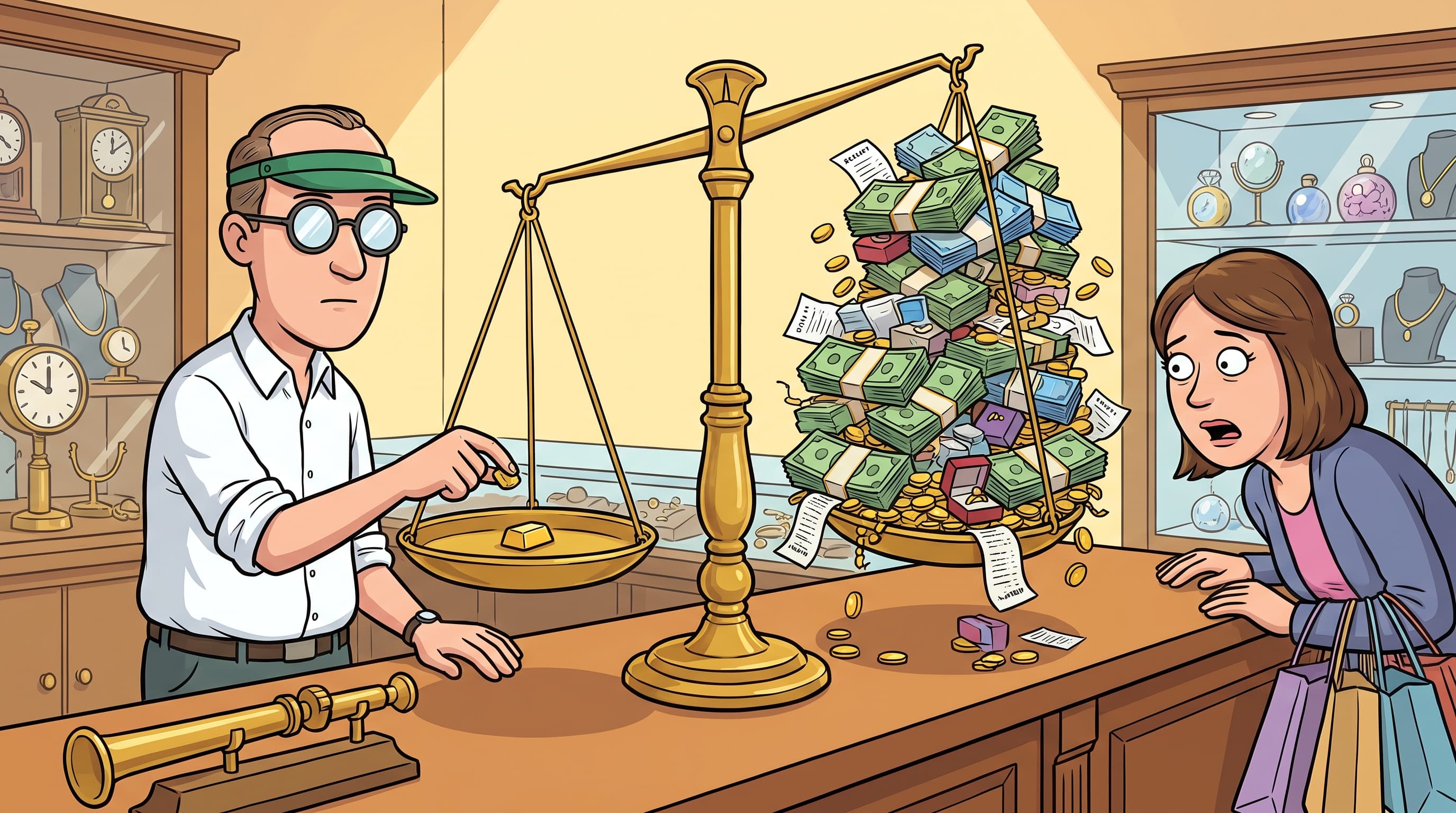 Cartoon jeweler weighing a tiny gold bar on one side of an antique balance scale while the other side overflows with cash and coins