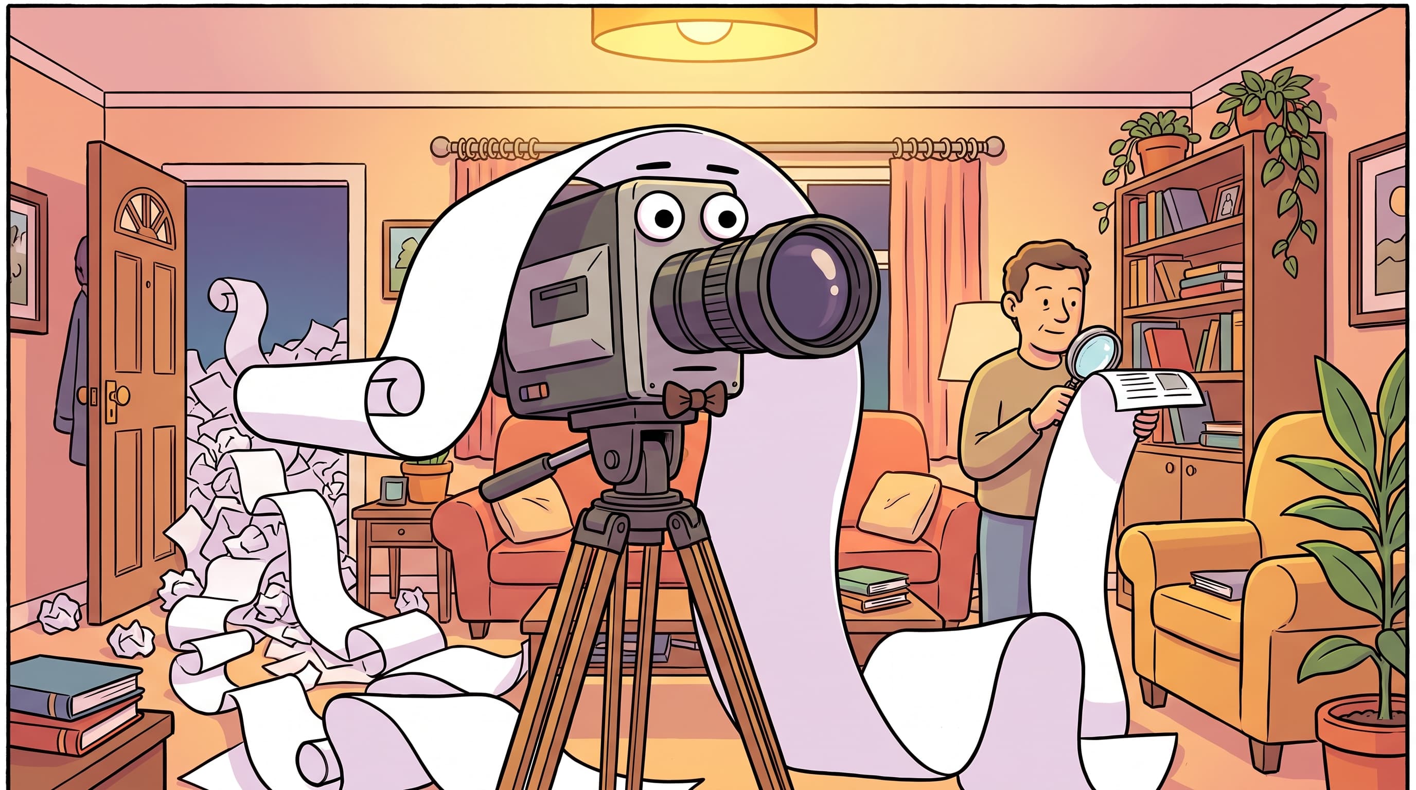 Anthropomorphized video camera with deadpan face being buried by enormous scroll of paper in a cozy living room